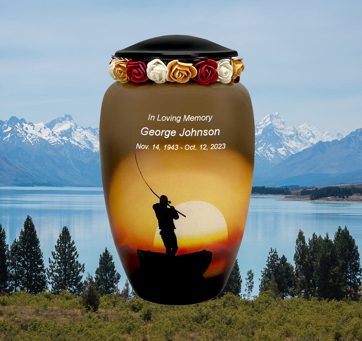 Lake Fishing Medium or Adult Cremation Urn - Tribute Wreath™ Option - Pro Personalization - Burial Vault Option