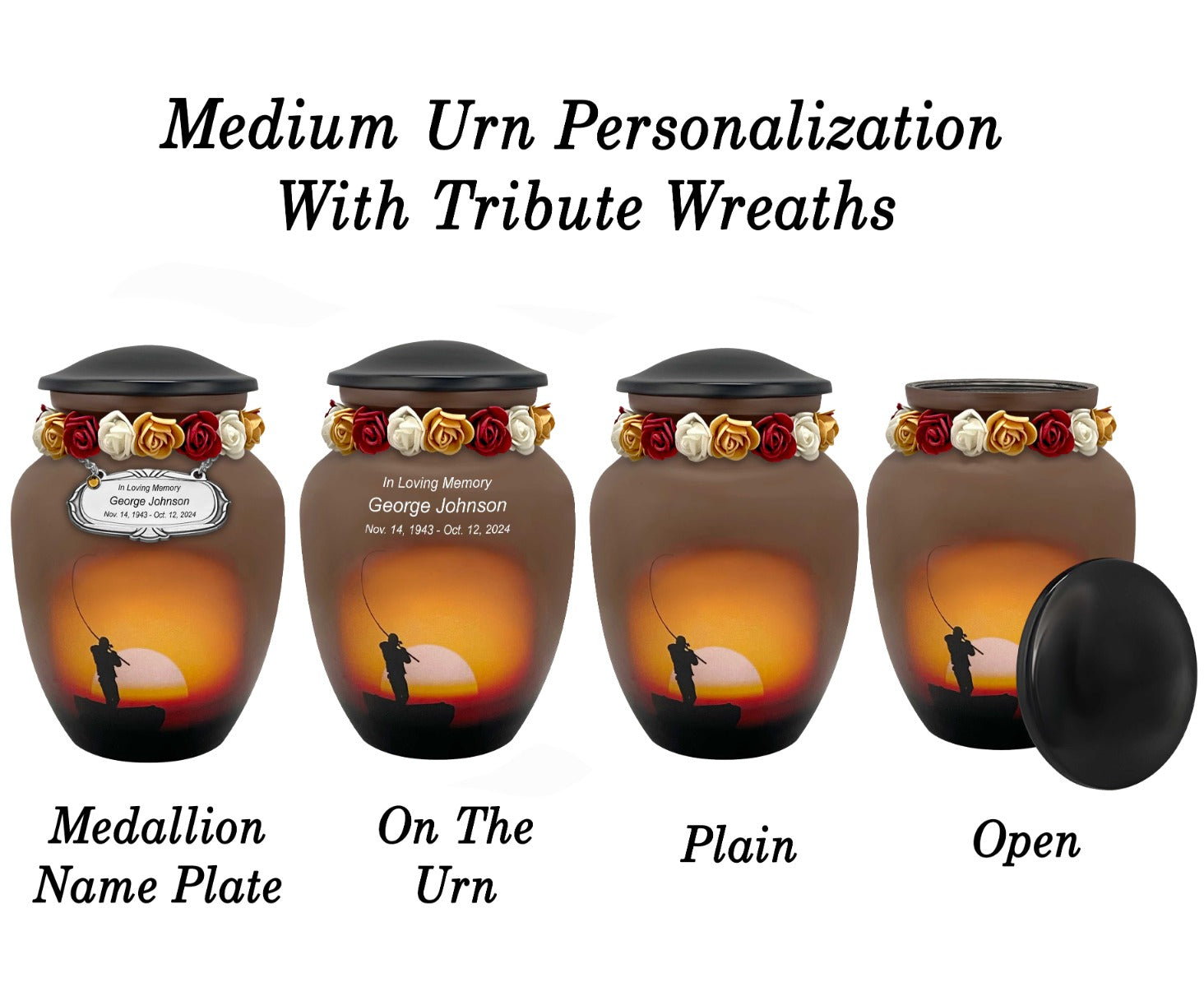 Lake Fishing Medium or Adult Cremation Urn - Tribute Wreath™ Option - Pro Personalization - Burial Vault Option