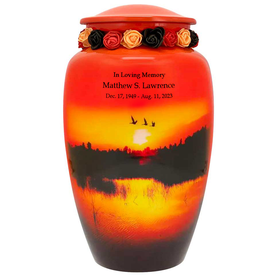 Lakeside Sunset Cremation Urn - Tribute Wreath™ - Pro Sand Carved Engraving