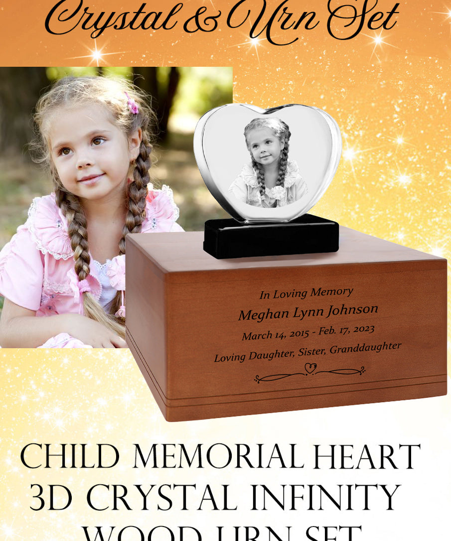 Child Memorial Heart 3D Crystal Hearts Wood Urn Set