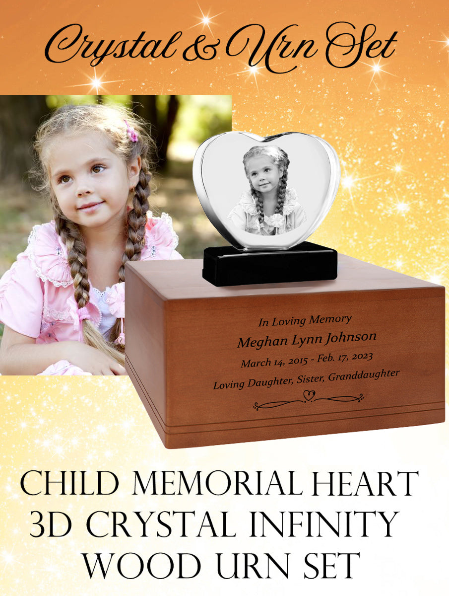 Child Memorial Heart 3D Crystal Hearts Wood Urn Set