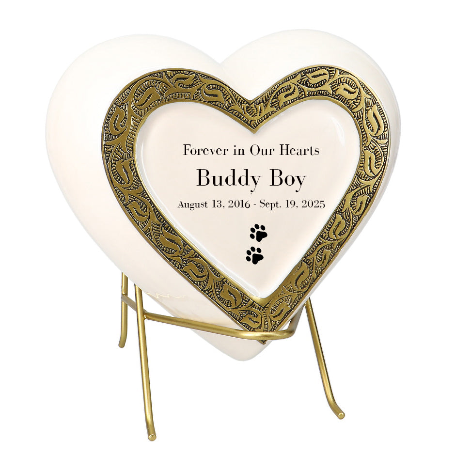 Large Dog Golden Heart Photo or Paw Prints Urn - Dog Brass Urn - Free Golden Stand