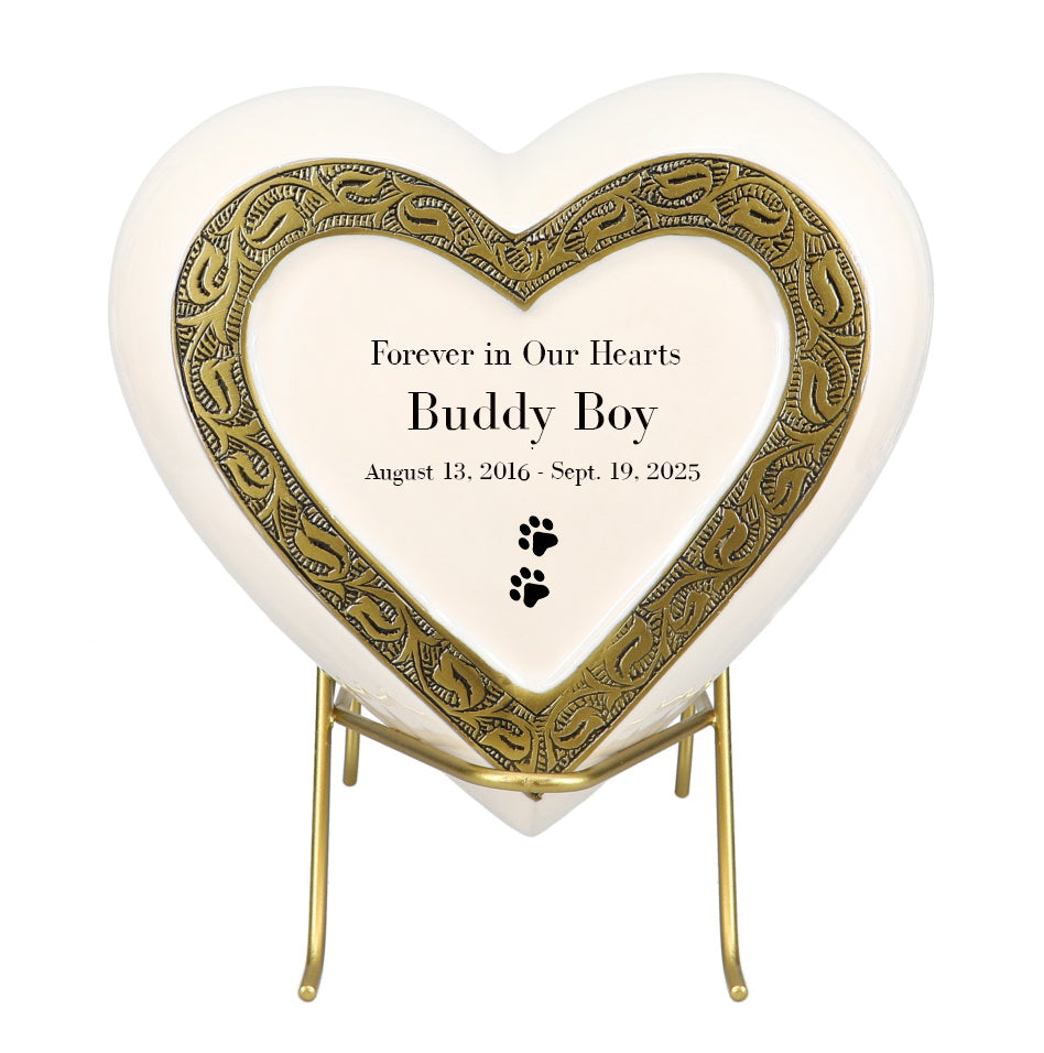 Large Dog Golden Heart Photo or Paw Prints Urn - Dog Brass Urn - Free Golden Stand
