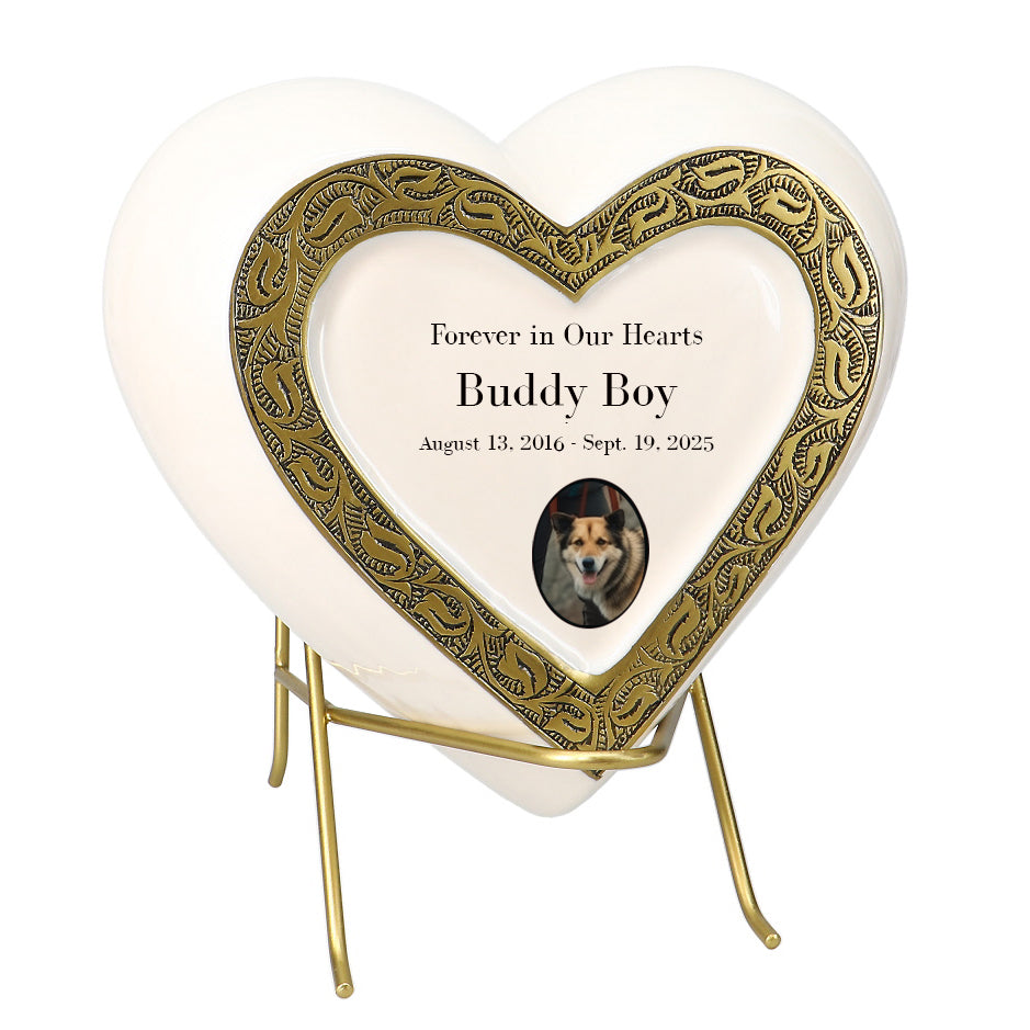 Large Dog Golden Heart Photo or Paw Prints Urn - Dog Brass Urn - Free Golden Stand