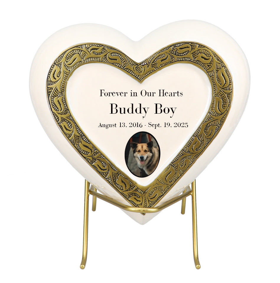 Large Golden Heart Photo or Paw Prints Urn - Dog Brass Urn - Free Golden Stand