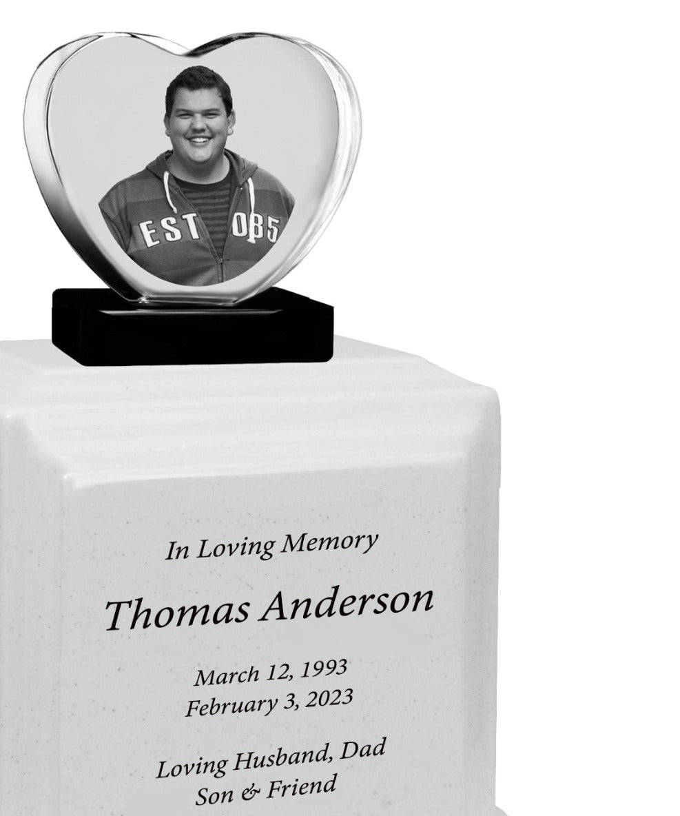 3D Heart Crystal White Monarch Granite Extra Large Adult Urn