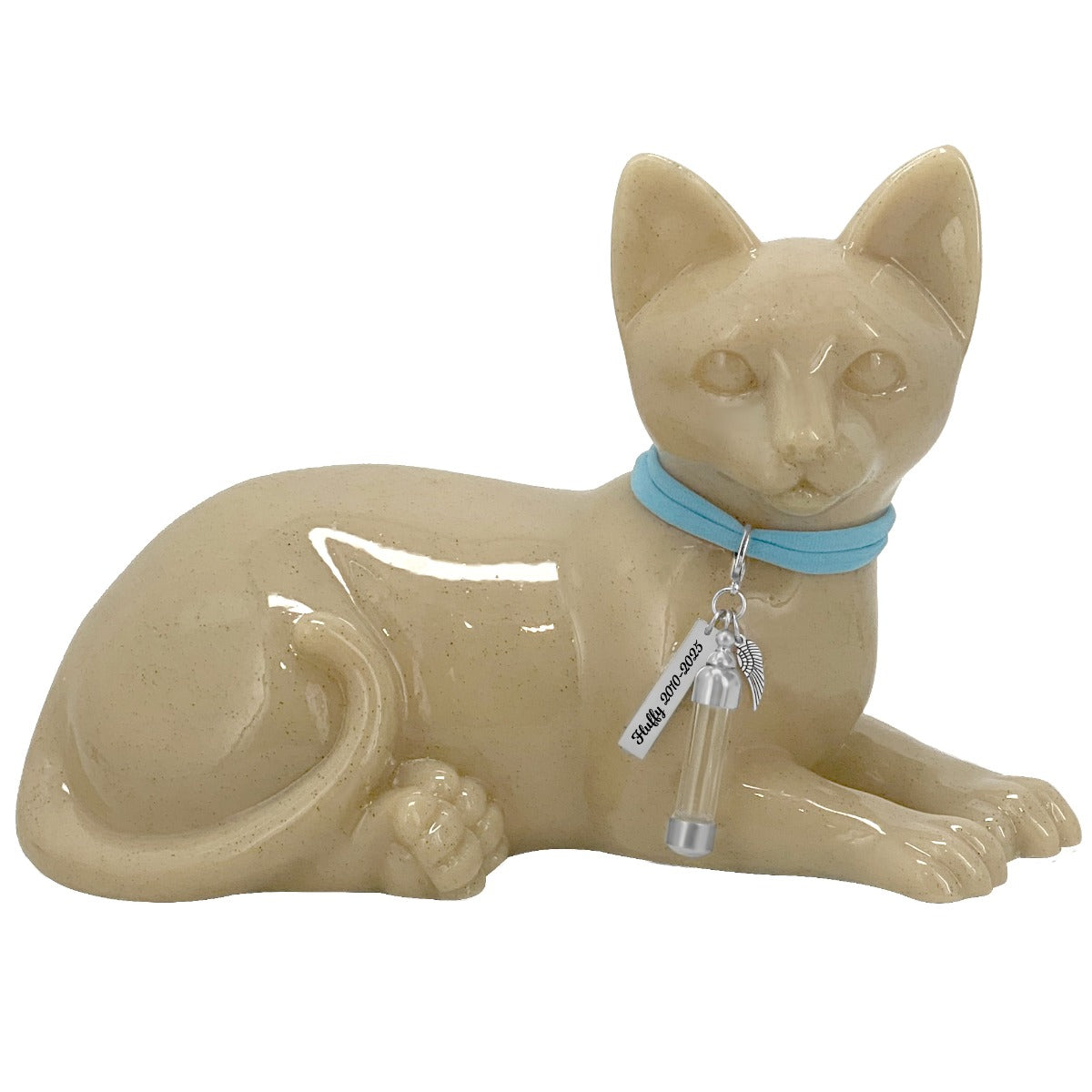 Laying Cat Urn - Love Charms® Option - Engravable & Fur Holder - Collar Color Choice
