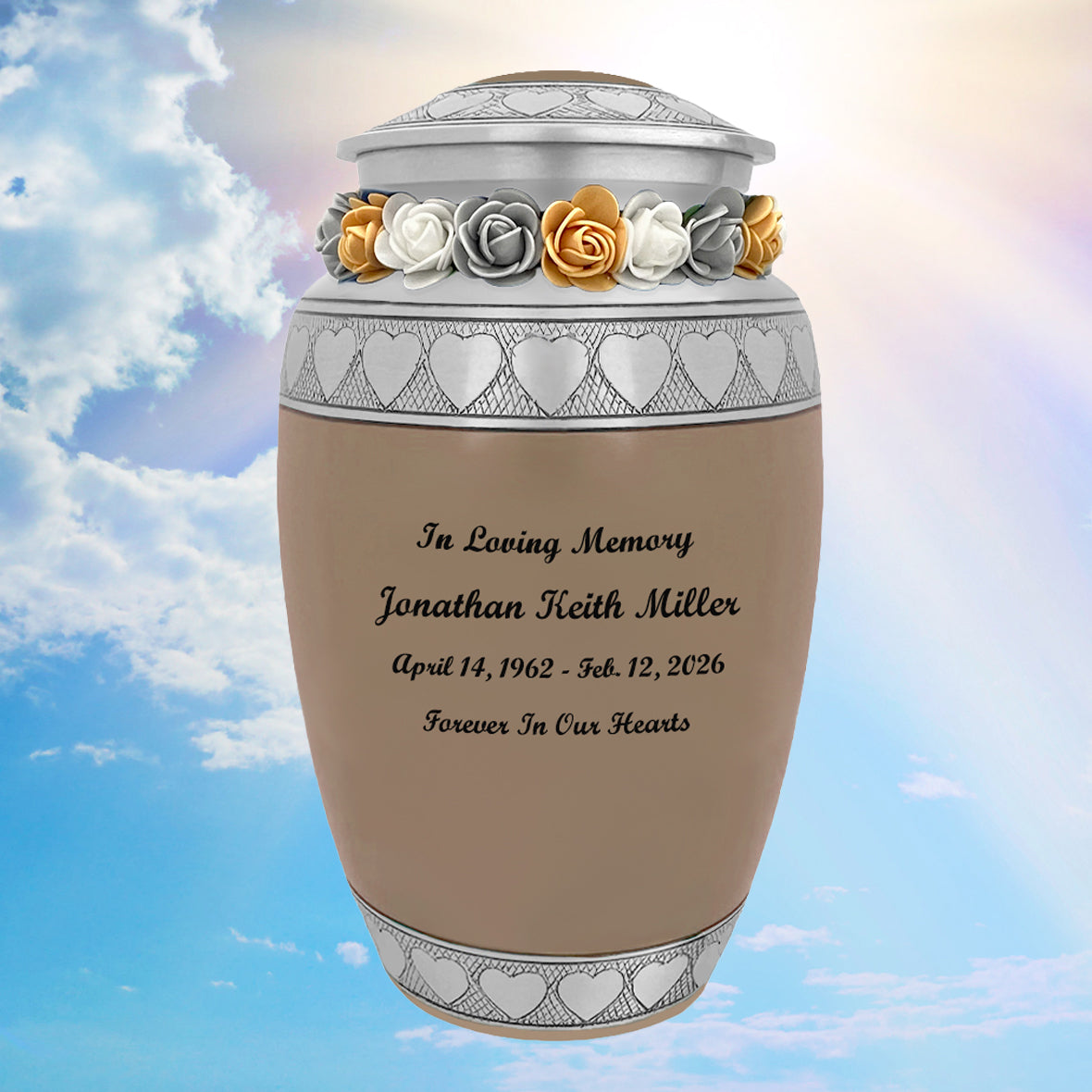 Leather Hearts Pewter Adult Urn - Tribute Wreath™ - Pro Laser Engraving - Burial Vault Option