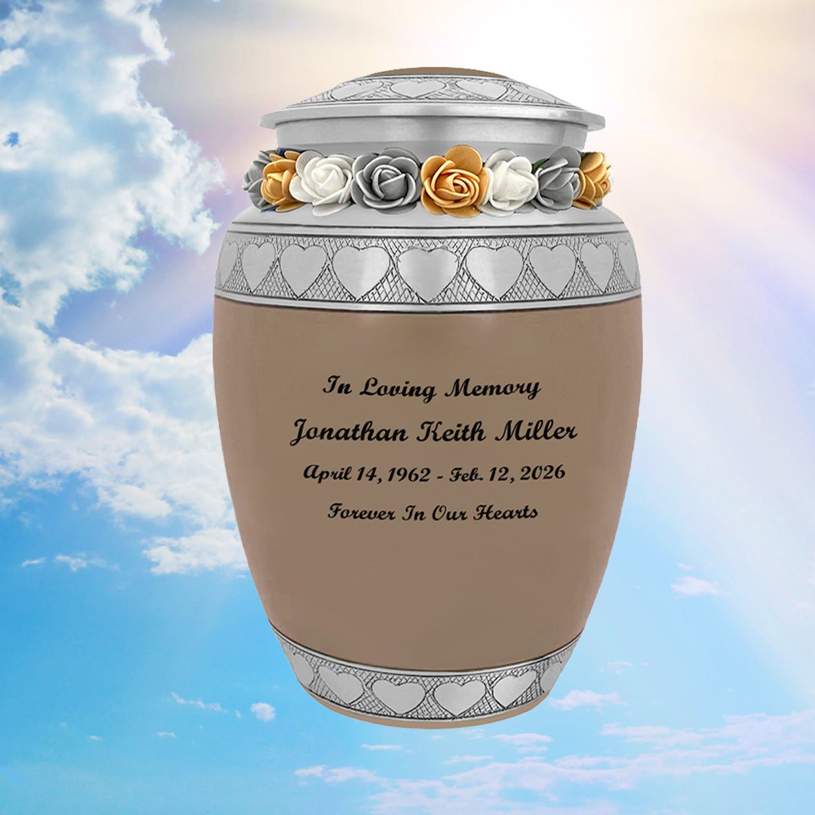 Leather Hearts Pewter Medium Urn - Tribute Wreath™ - Pro Laser Engraving