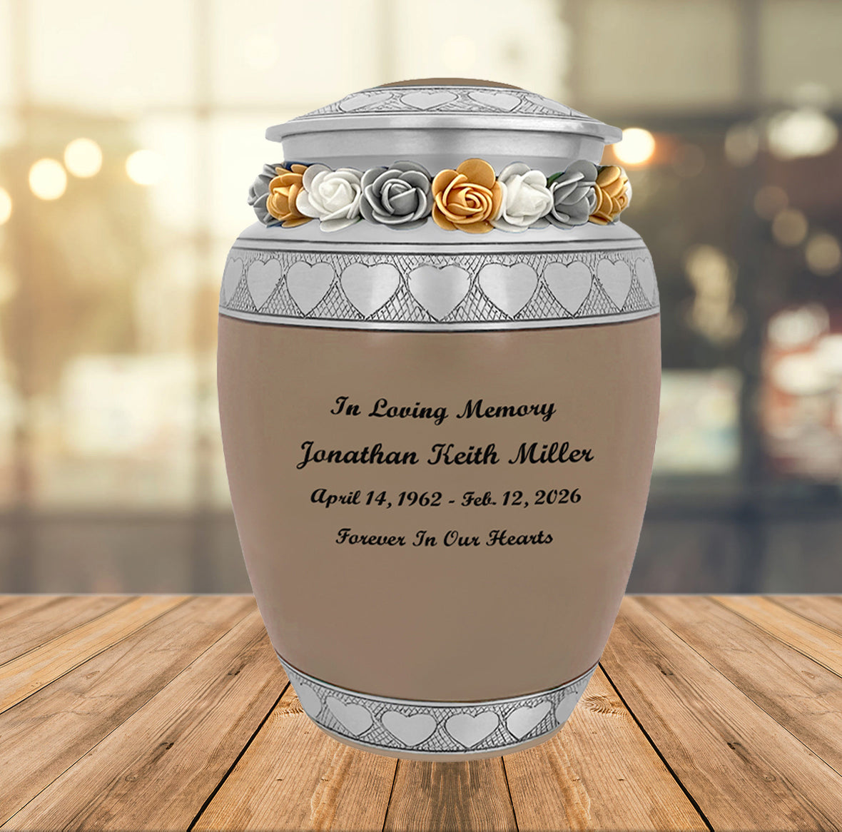 Leather Hearts Pewter Medium Urn - Tribute Wreath™ - Pro Laser Engraving