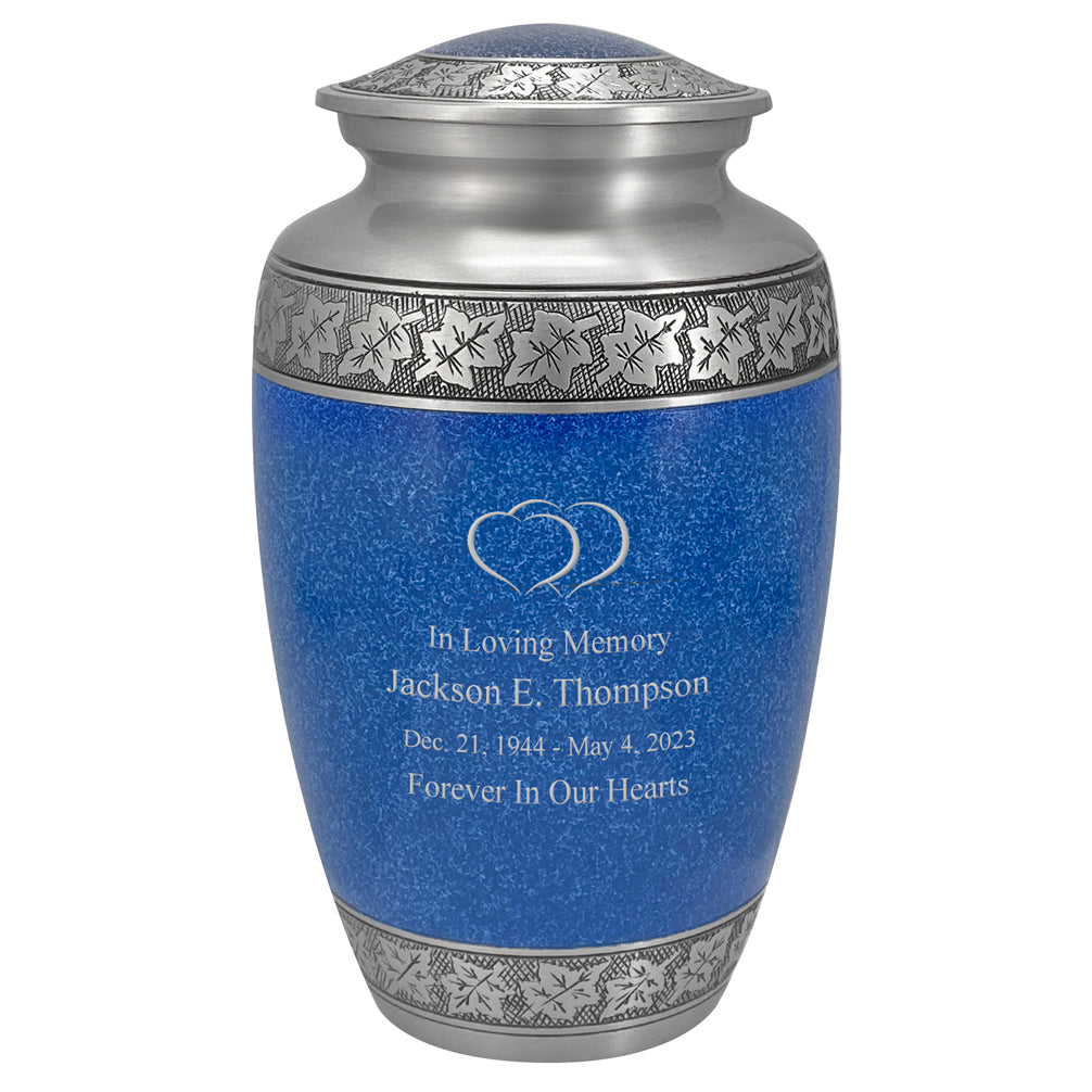Leaves Of Peace Double Hearts Pewter Blue Urn - Tribute Wreath™ - Pro Diamond Engraving