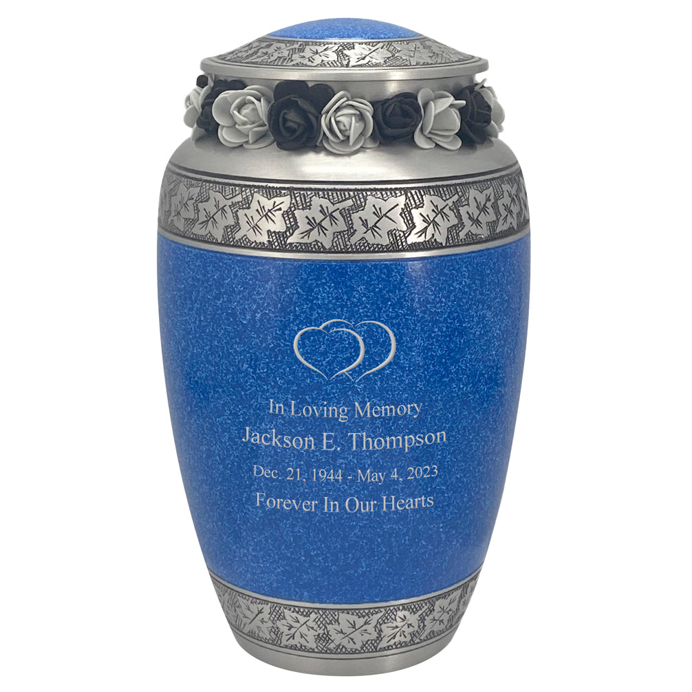 Leaves Of Peace Double Hearts Pewter Blue Urn - Tribute Wreath Option™