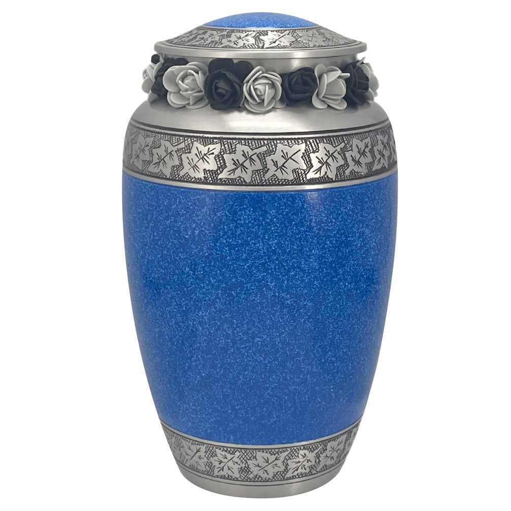 Leaves Of Peace Double Hearts Pewter Blue Urn - Tribute Wreath™ - Pro Diamond Engraving