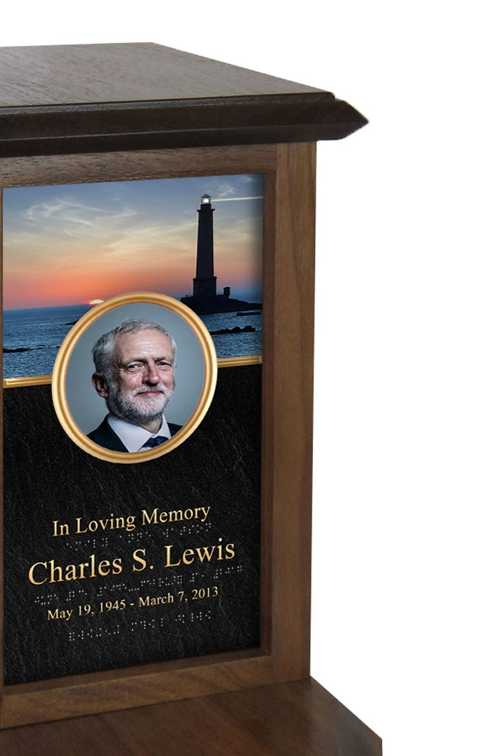 Lighthouse Sunset Photo Braille Urn