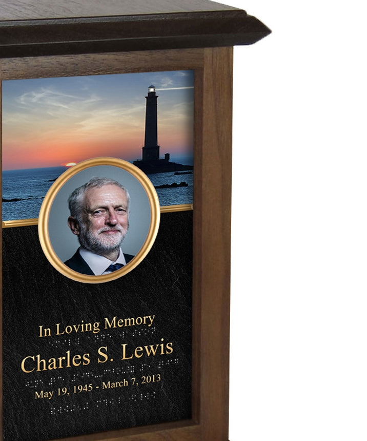 Lighthouse Sunset Photo Braille Urn