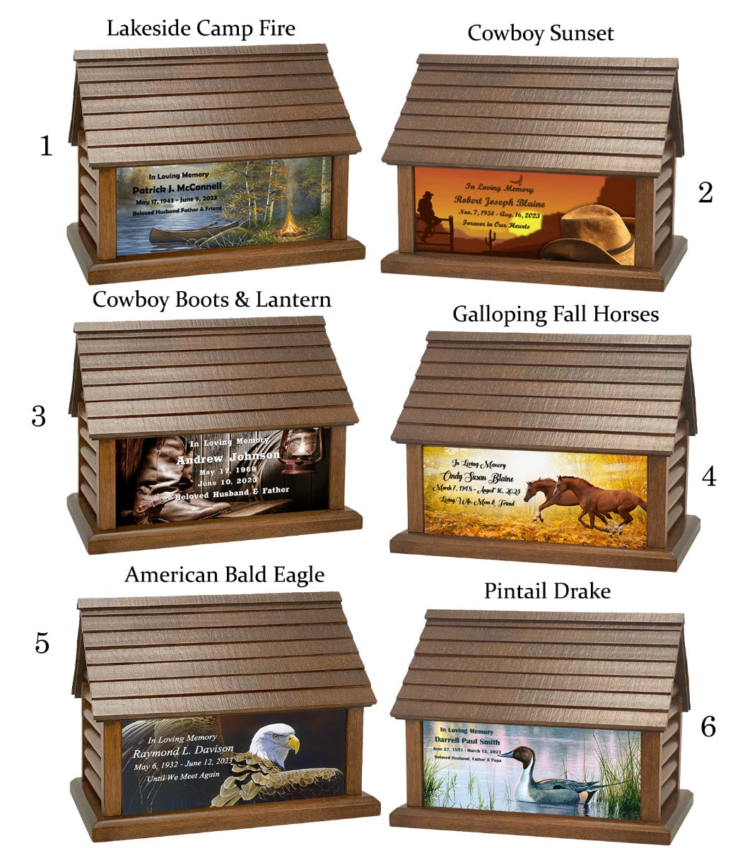 Log Cabin Urns Country Life Style, Animals, Fishing & Cowboys Wood Adult Cremation Urn 
