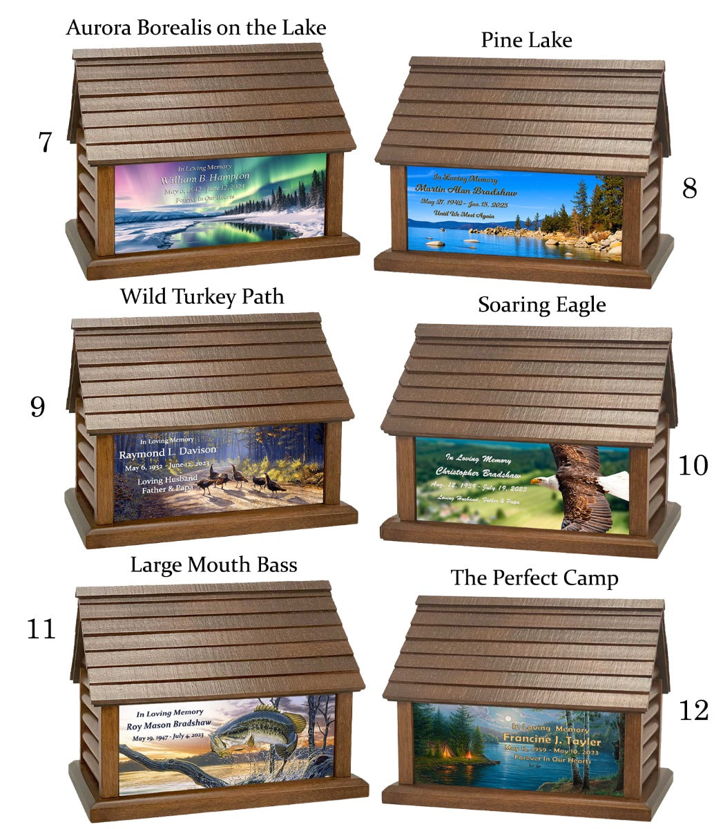 Log Cabin Urns Country Life Style, Animals, Fishing & Cowboys Wood Adult Cremation Urn 