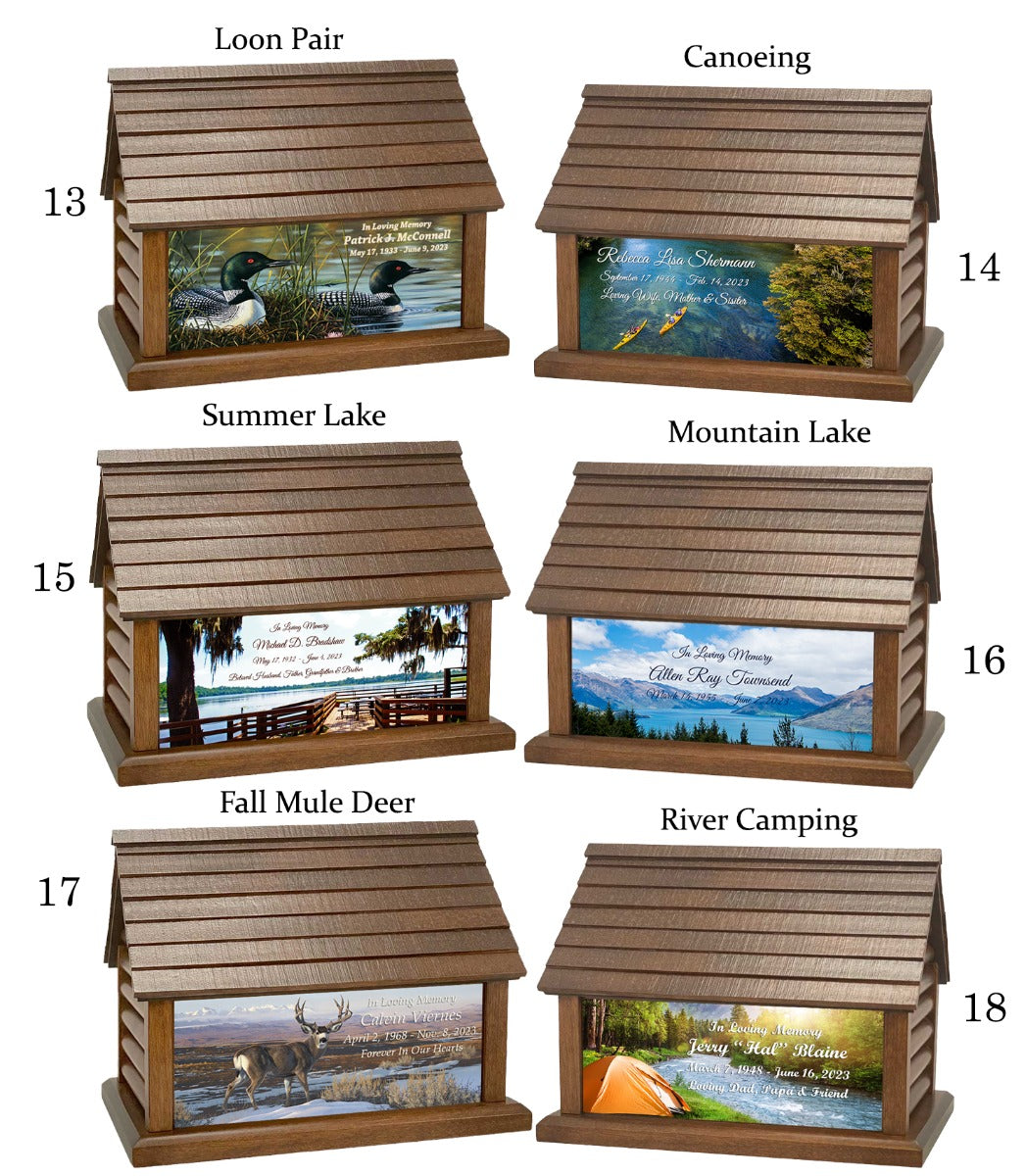Log Cabin Urns Country Life Style, Animals, Fishing & Cowboys Wood Adult Cremation Urn 