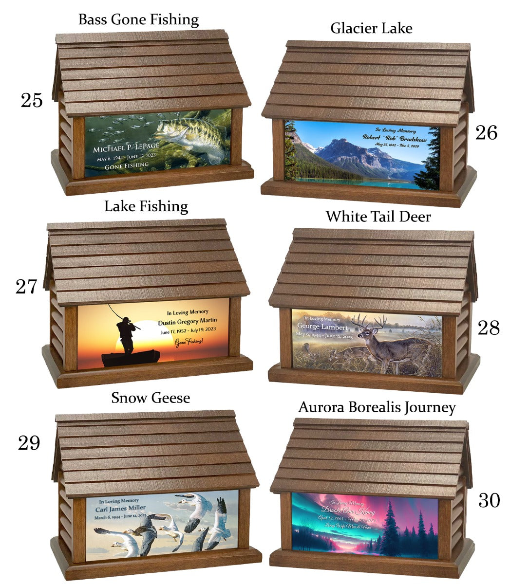 Log Cabin Urns Country Life Style, Animals, Fishing & Cowboys Wood Adult Cremation Urn 