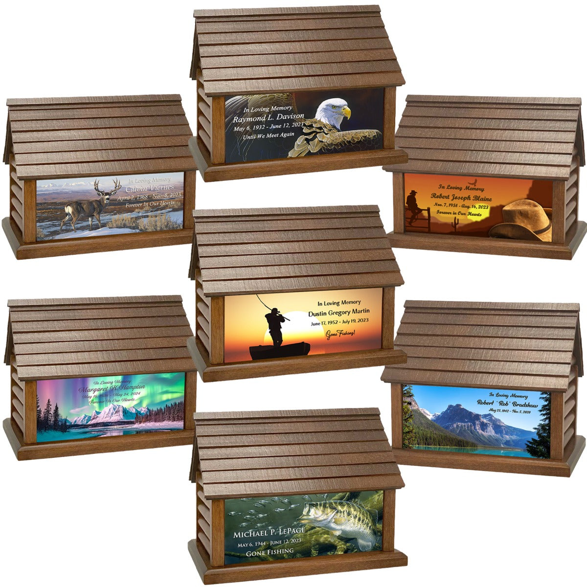 Log Cabin Urns Country Life Style, Animals, Fishing & Cowboys Wood Adult Cremation Urn 