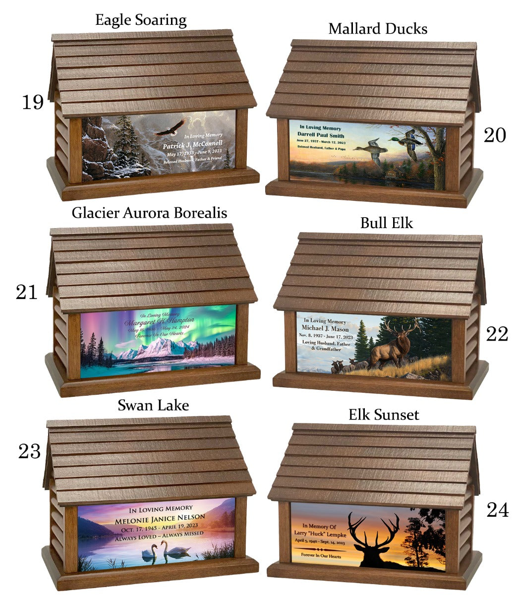 Log Cabin Urns Country Life Style, Animals, Fishing & Cowboys Wood Adult Cremation Urn 