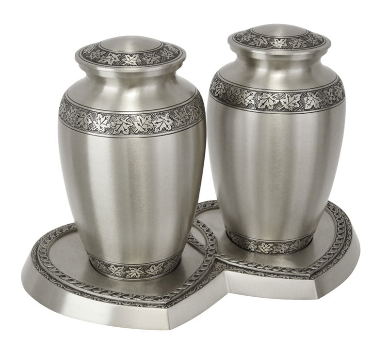 Leaves of Peace Pewter Companion Urns Heart Base Urns for Mom And Dad