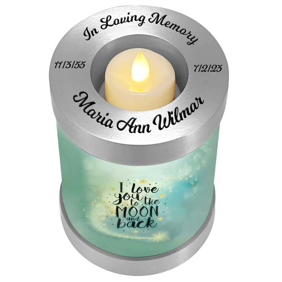 I Love You To The Moon and Back Candle Cremation Urn - Engraving Available - LED Candle Included 