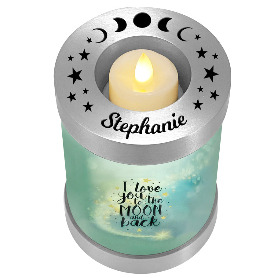 I Love You To The Moon and Back Candle Cremation Urn - Engraving Available - LED Candle Included 