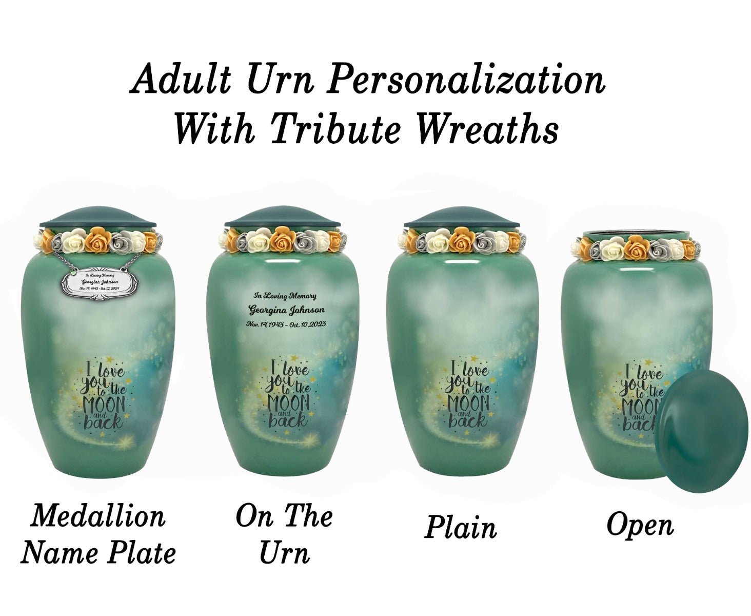 I Love You To The Moon And Back Medium or Adult Cremation Urn - Tribute Wreath™ - Pro Personalization - Burial Vault Option