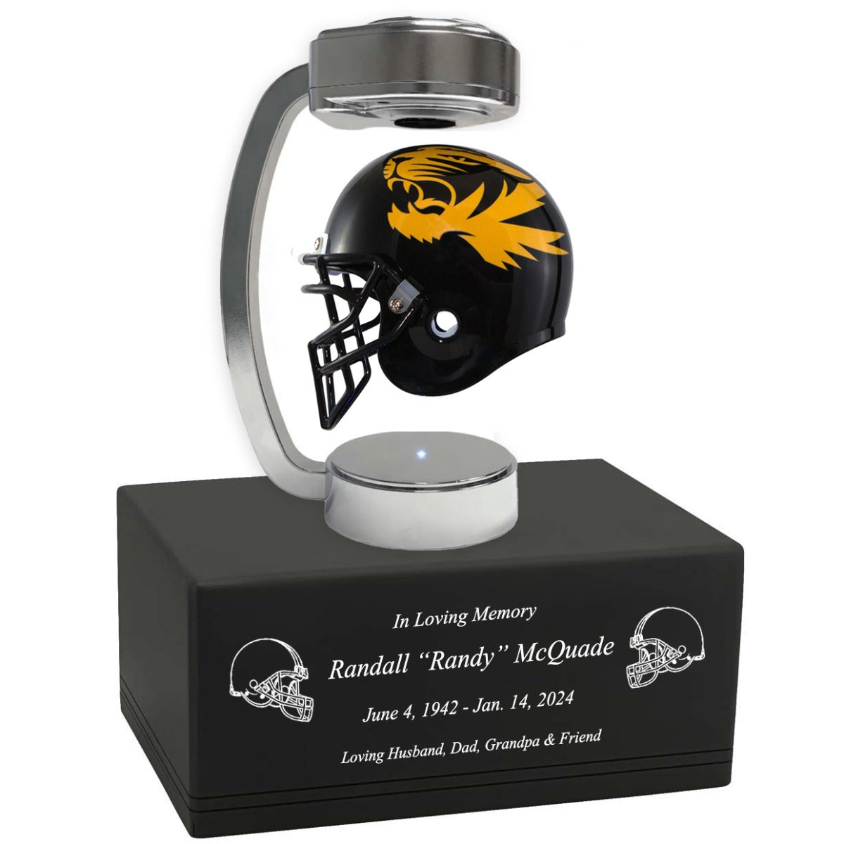 Football Adult or Medium Cremation Urn & University of Missouri Tigers Hover Helmet Décor - Free Engraving