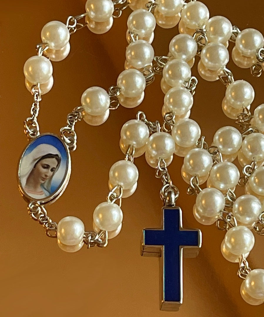 Marian Blue And White Rosary Necklace Urn