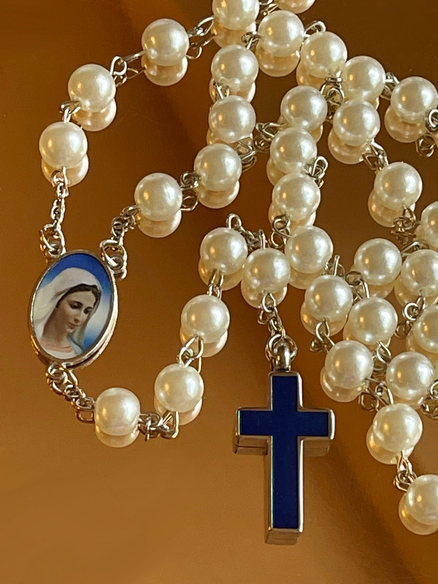 Marian Blue And White Rosary Necklace Urn