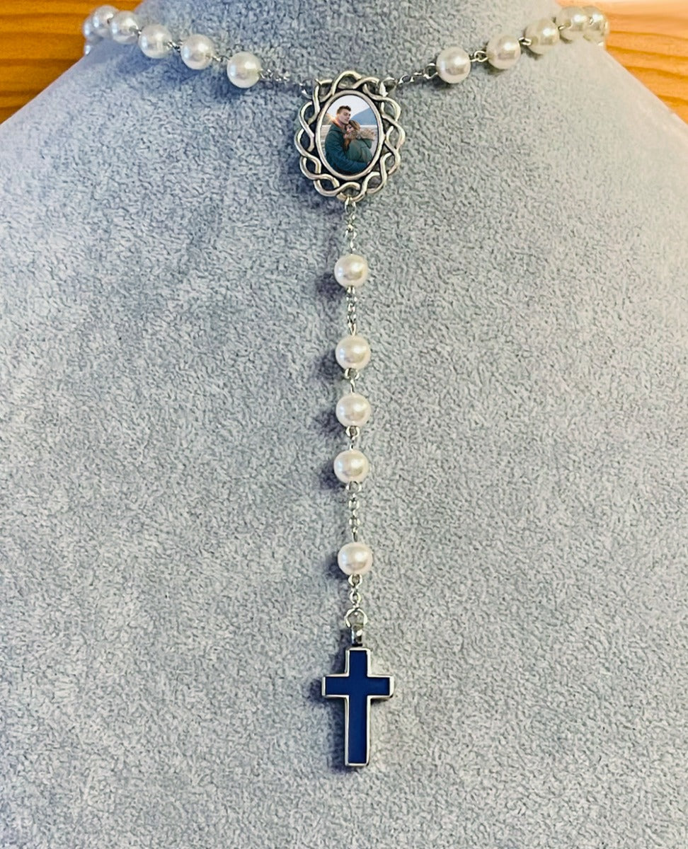 Marian Blue And White Photo Rosary Necklace Urn