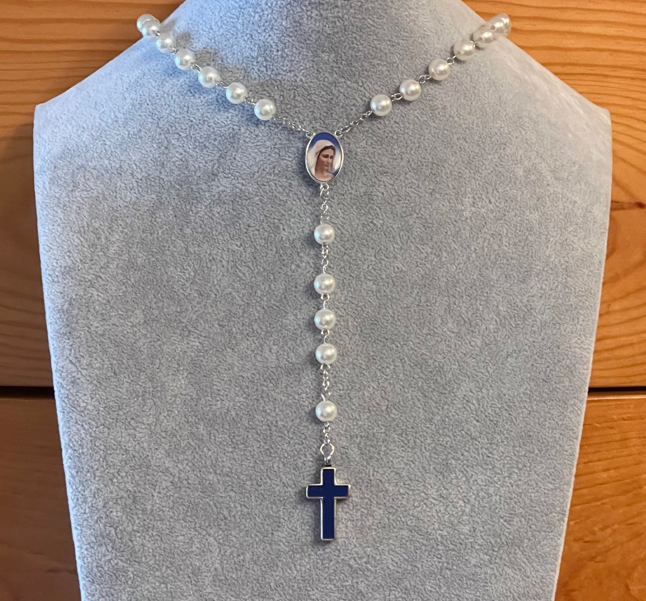 Marian Blue And White Rosary Necklace Urn