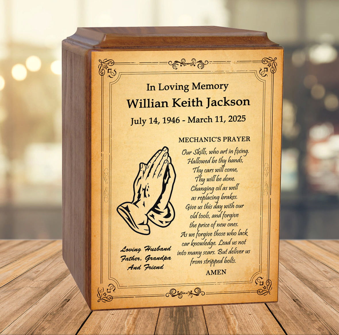 Mechanics Prayer Wood Cremation Urn - Photo Option or Praying Hands