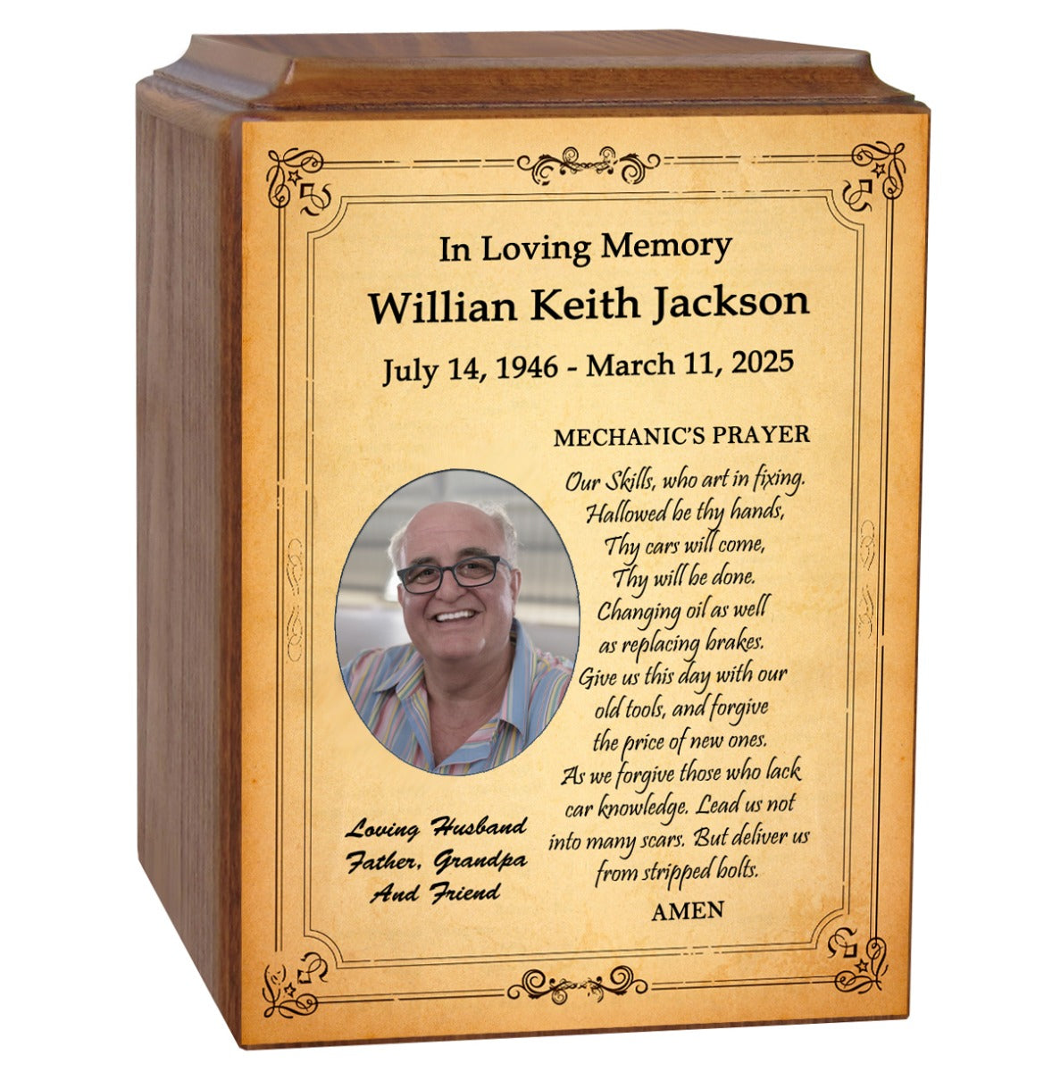 Mechanics Prayer Wood Cremation Urn - Photo Option or Praying Hands
