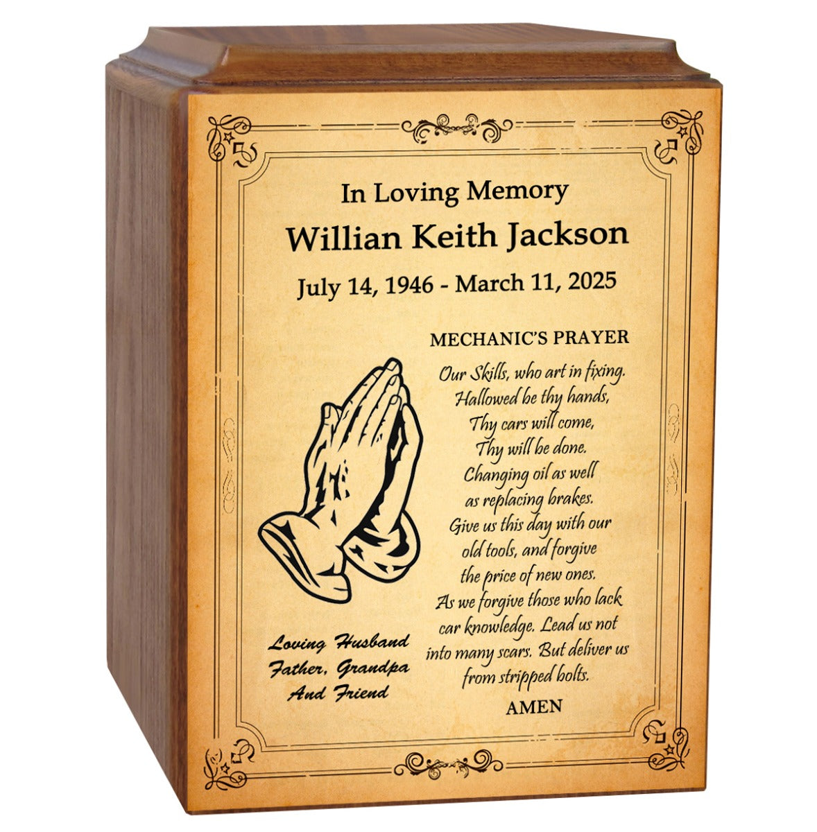 Mechanics Prayer Wood Cremation Urn - Photo Option or Praying Hands