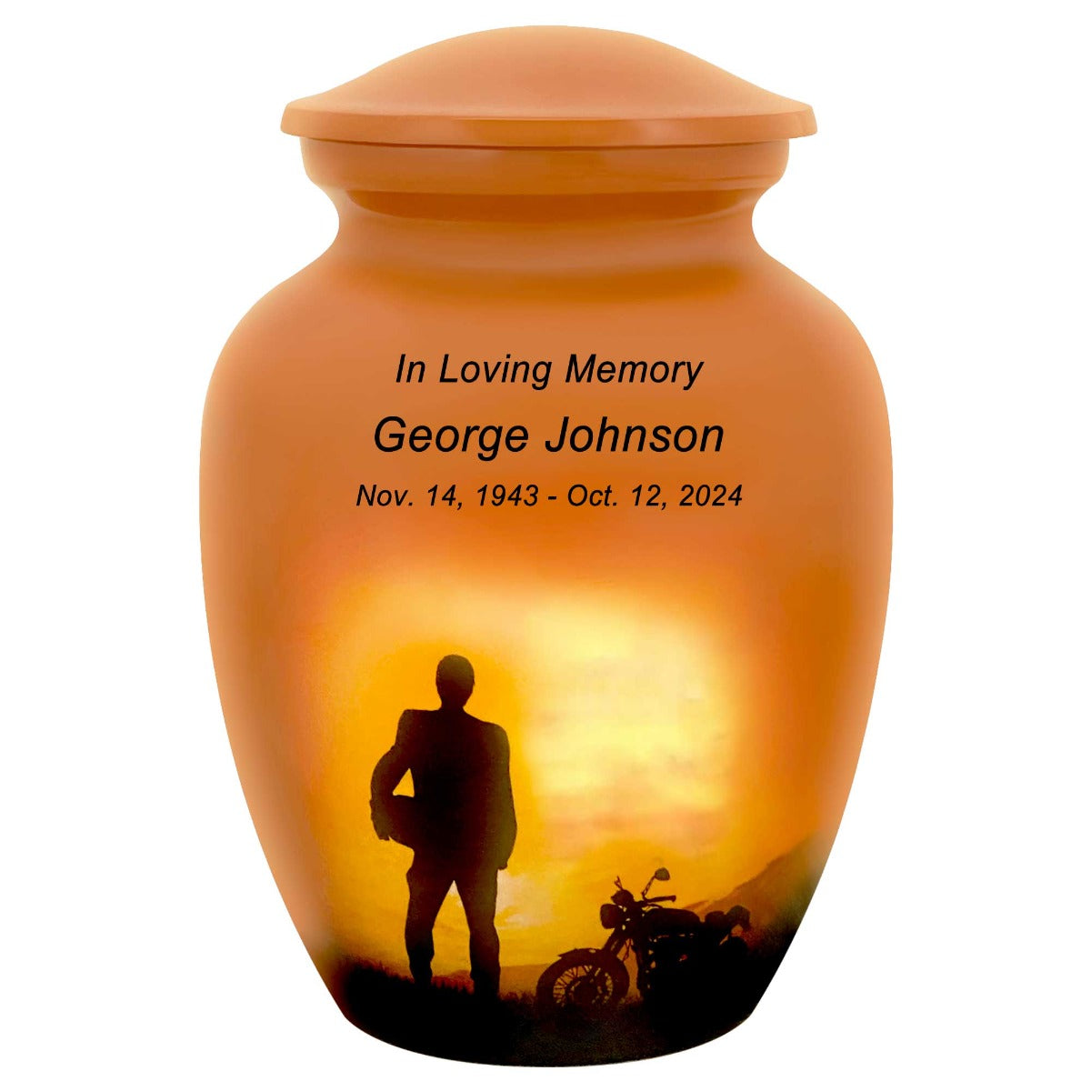 Motorcycle Rider Silhouette Medium Urn - Tribute Wreath Option™ - Pro Sand Carved Engraving