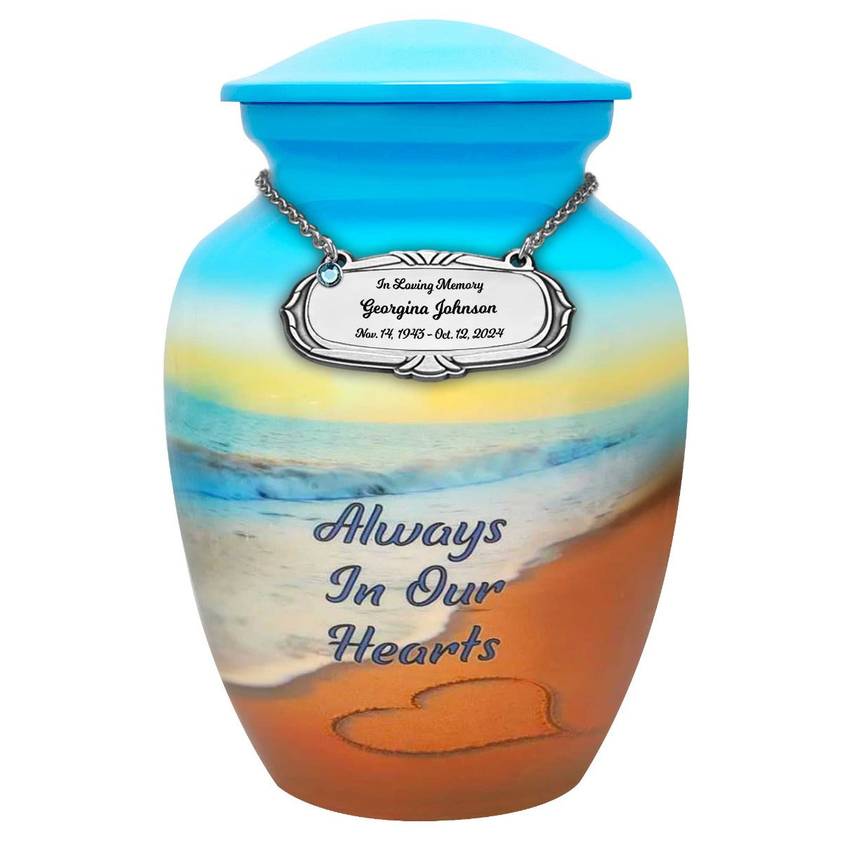 Always In Our Hearts Beach Medium Urn - Tribute Wreath™ Option - Pro Sand Carved Engraving