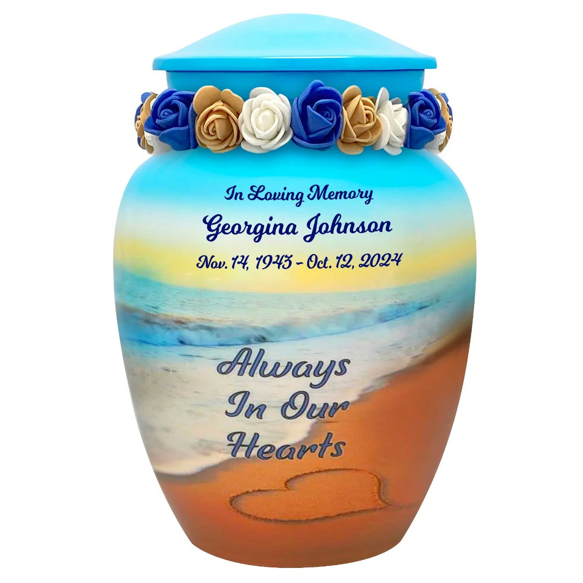 Always In Our Hearts Beach Medium Urn - Tribute Wreath™ Option - Pro Sand Carved Engraving