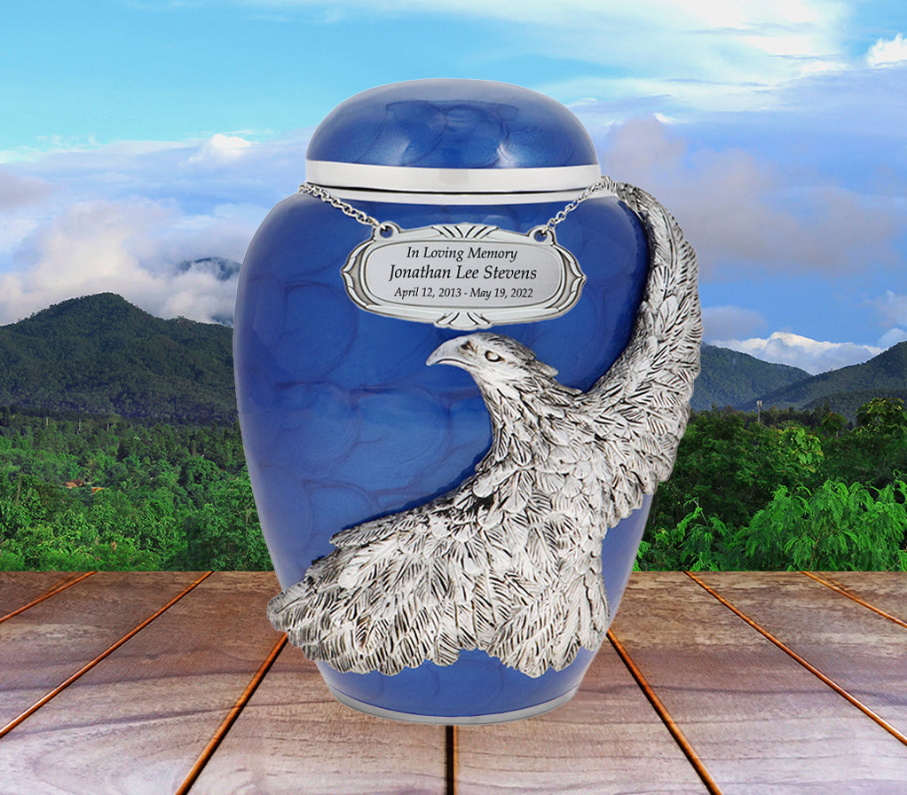 Child On Eagle's Wings Blue Urn - Pro Laser Engraving