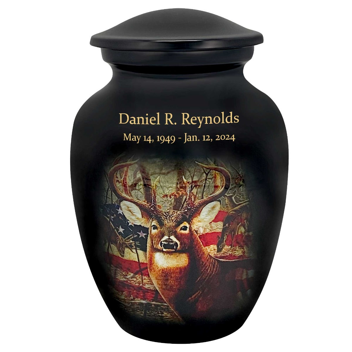 Buck USA Flag Deer Medium or Adult Cremation Urn - Tribute Wreath™ - Pro Personalization - Burial Vault Option