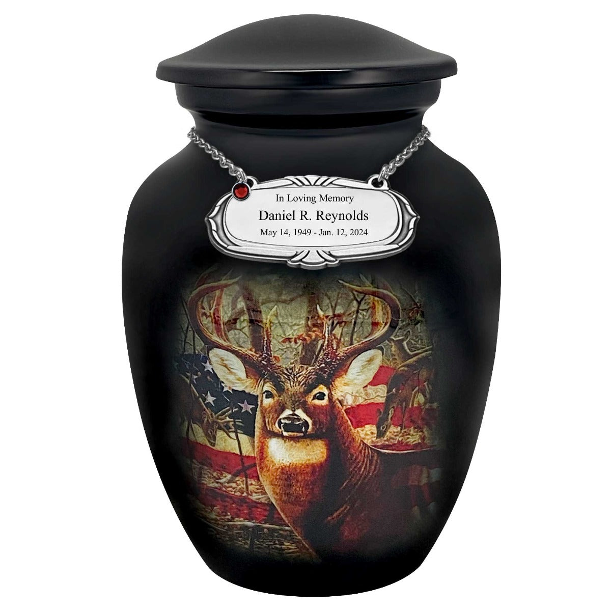 Buck USA Flag Deer Medium Cremation Urn - Tribute Wreath™ Option - Pro Sand Carved Engraving