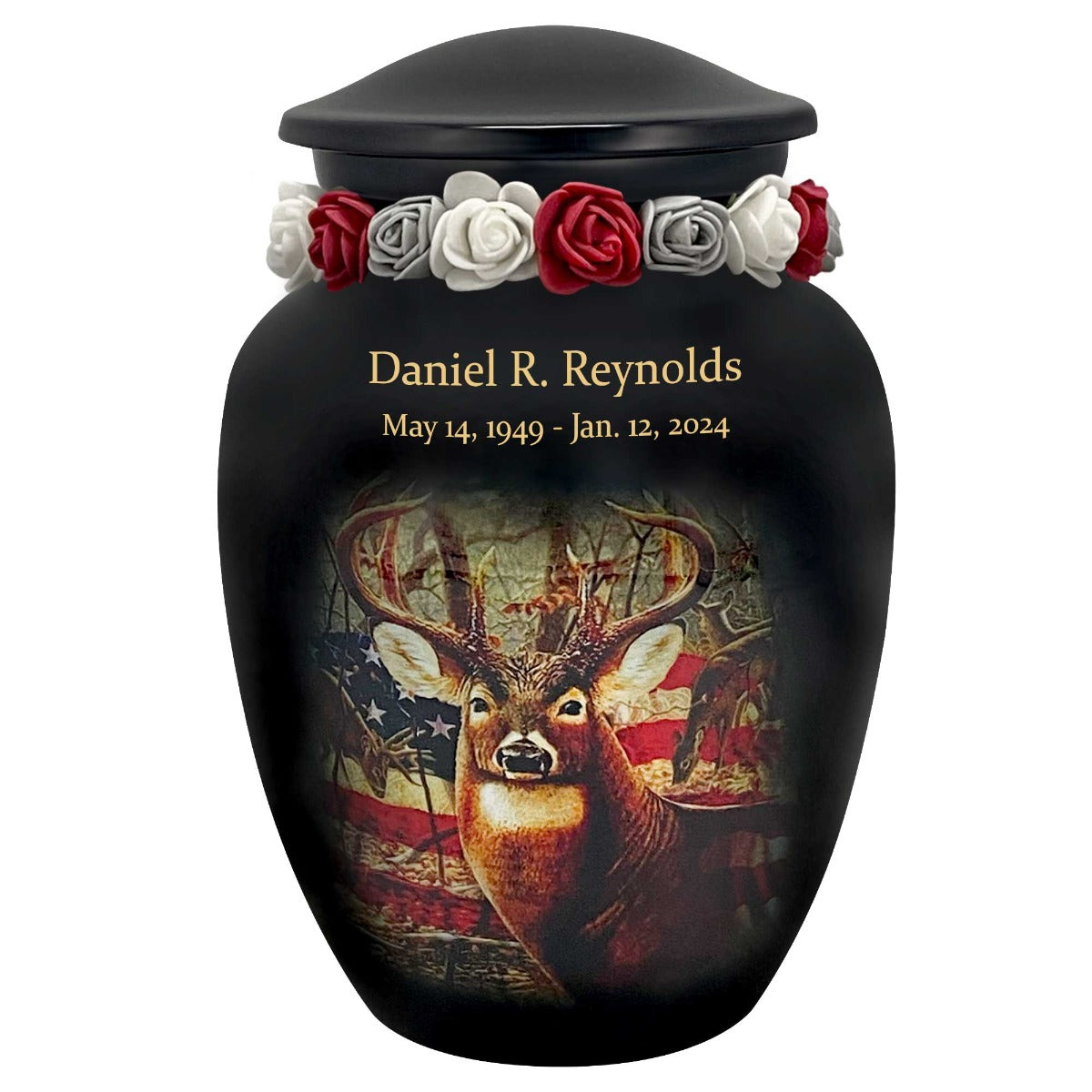 Buck USA Flag Deer Medium Cremation Urn - Tribute Wreath™ Option - Pro Sand Carved Engraving
