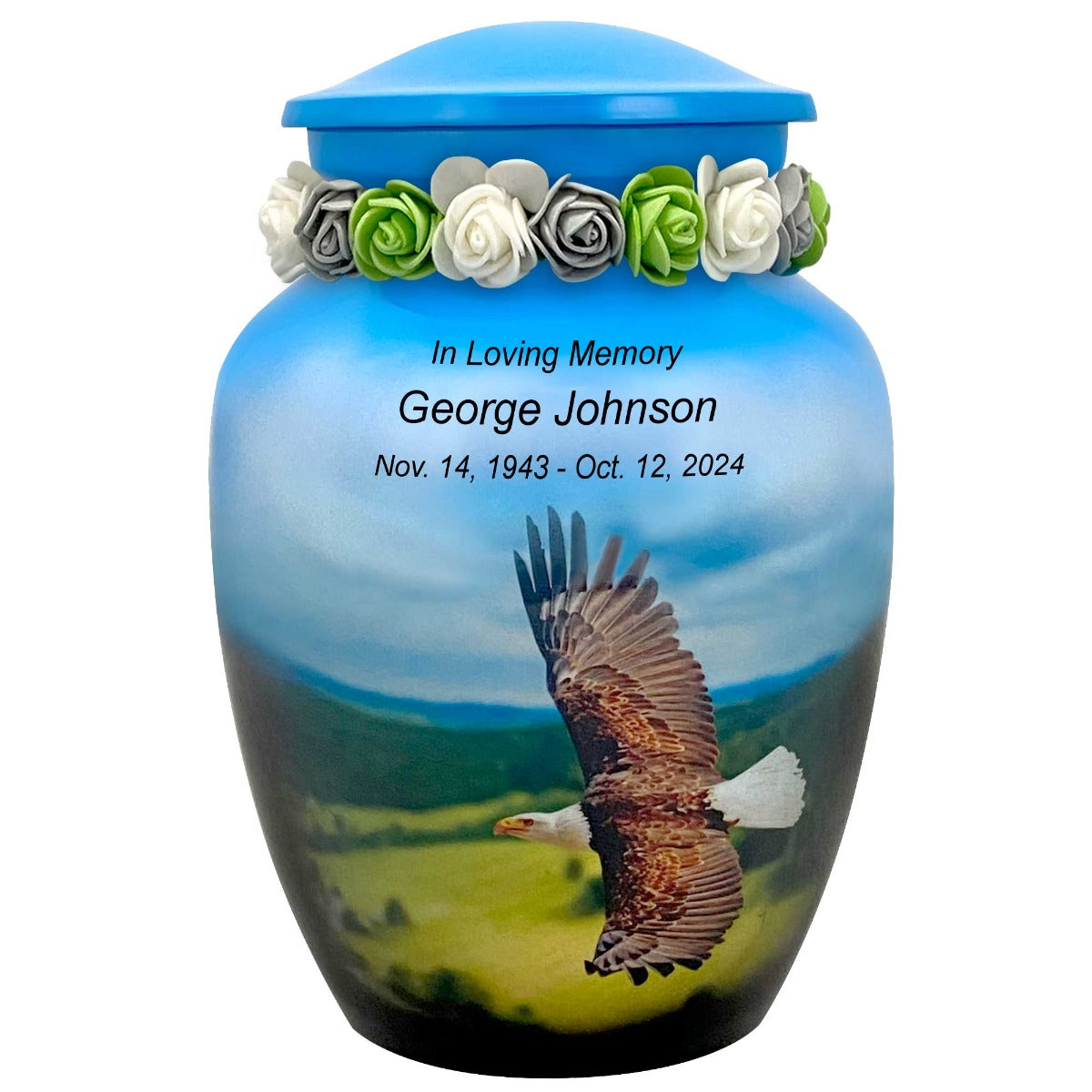 Eagle In Flight Medium Cremation Urn - Tribute Wreath™ Option - Pro Sand Carved Engraving
