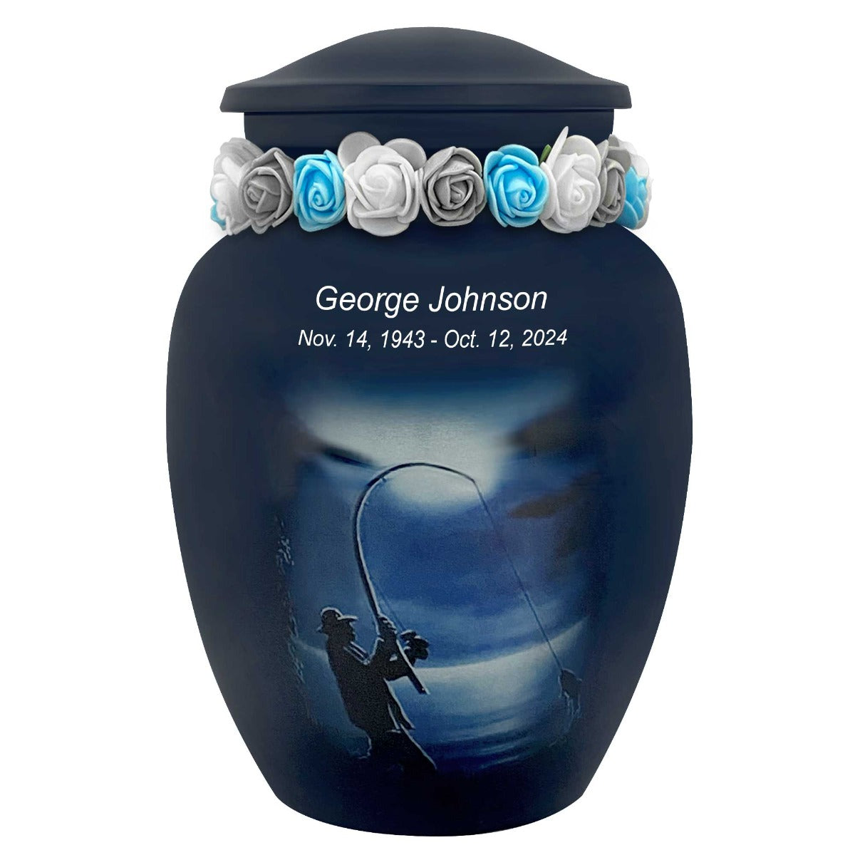 Fisherman Silhouette Medium Cremation Urn - Tribute Wreath™ Option - Pro Sand Carved Engraving