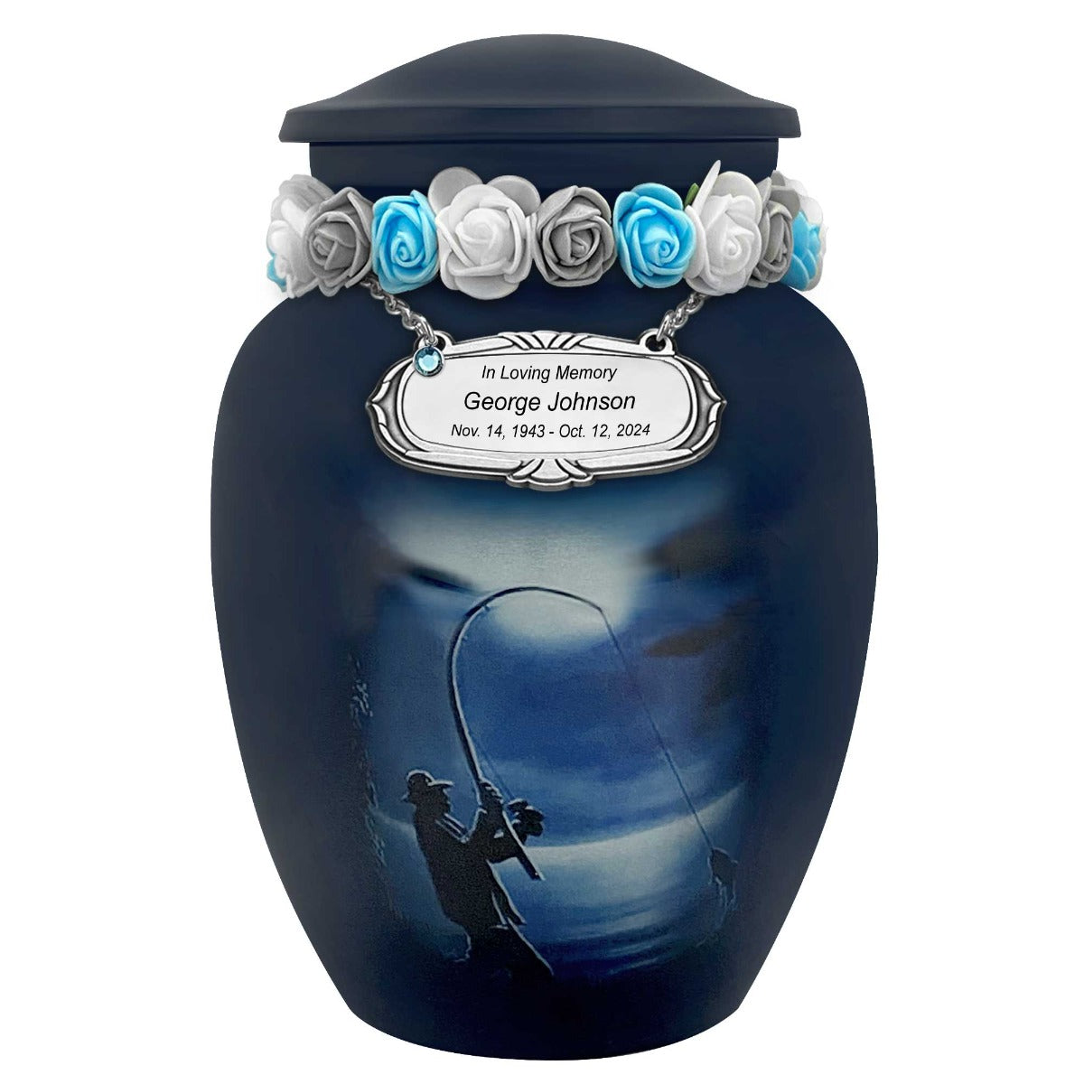 Fisherman Silhouette Medium Cremation Urn - Tribute Wreath™ Option - Pro Sand Carved Engraving