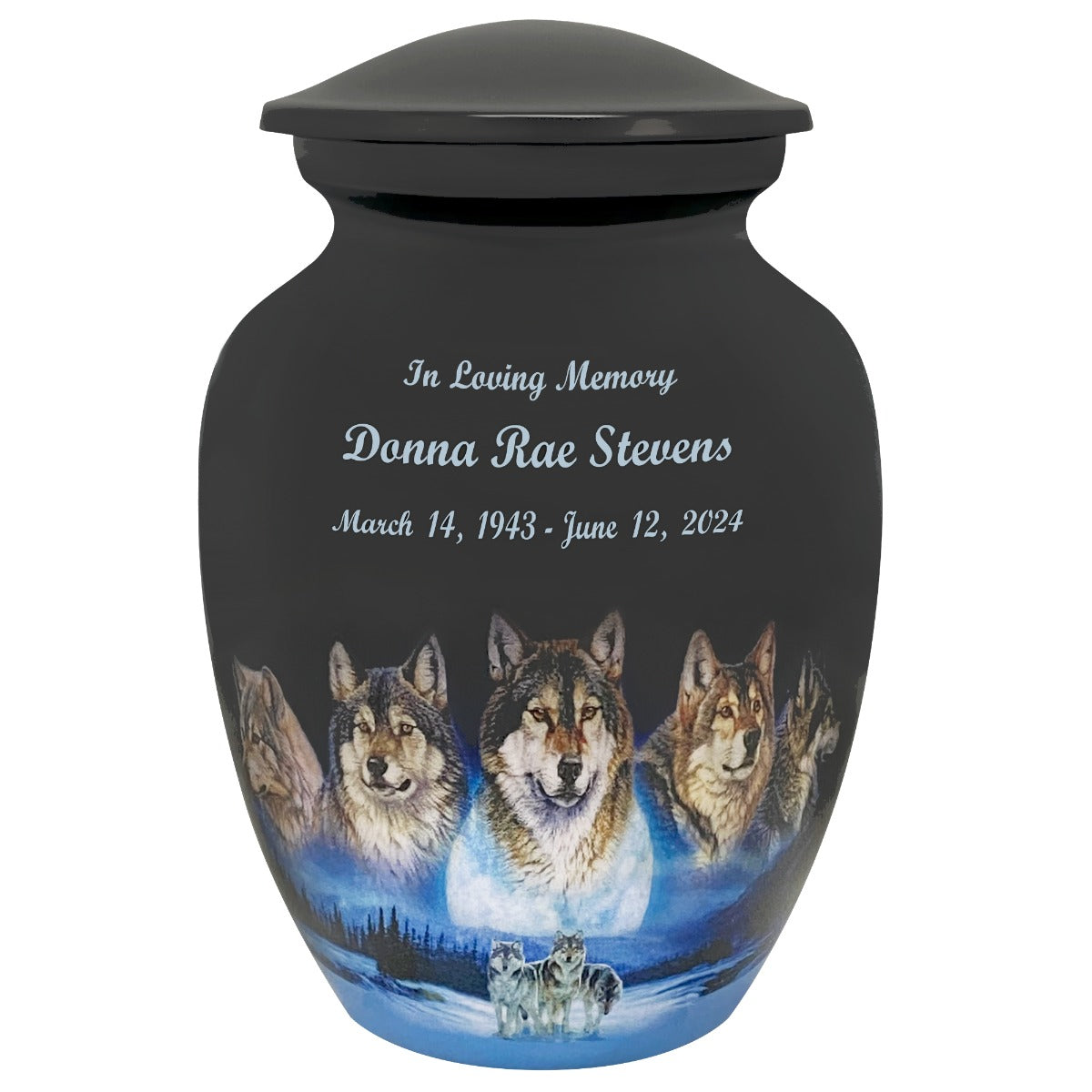Five Wolves Moon Medium or Adult Cremation Urn - Tribute Wreath™ - Pro Personalization - Burial Vault Option 