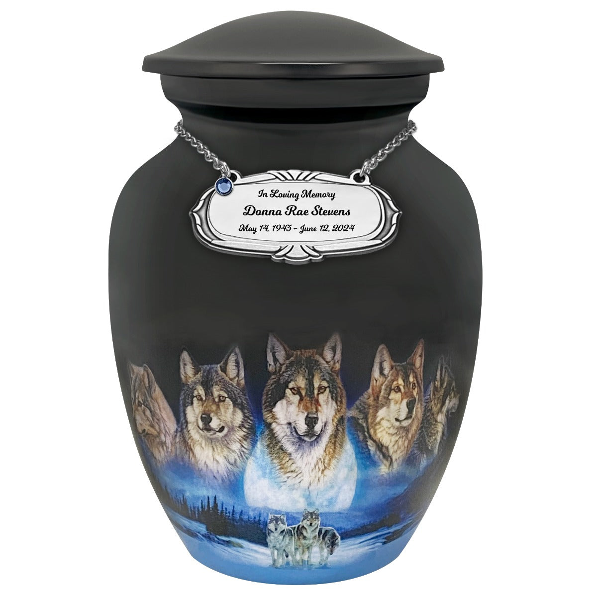 Five Wolves Moon Medium Cremation Urn - Tribute Wreath Option™ - Medallion Name Plate Option