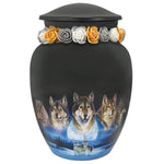 Five Wolves Moon Medium Cremation Urn - Tribute Wreath Option™ - Medallion Name Plate Option
